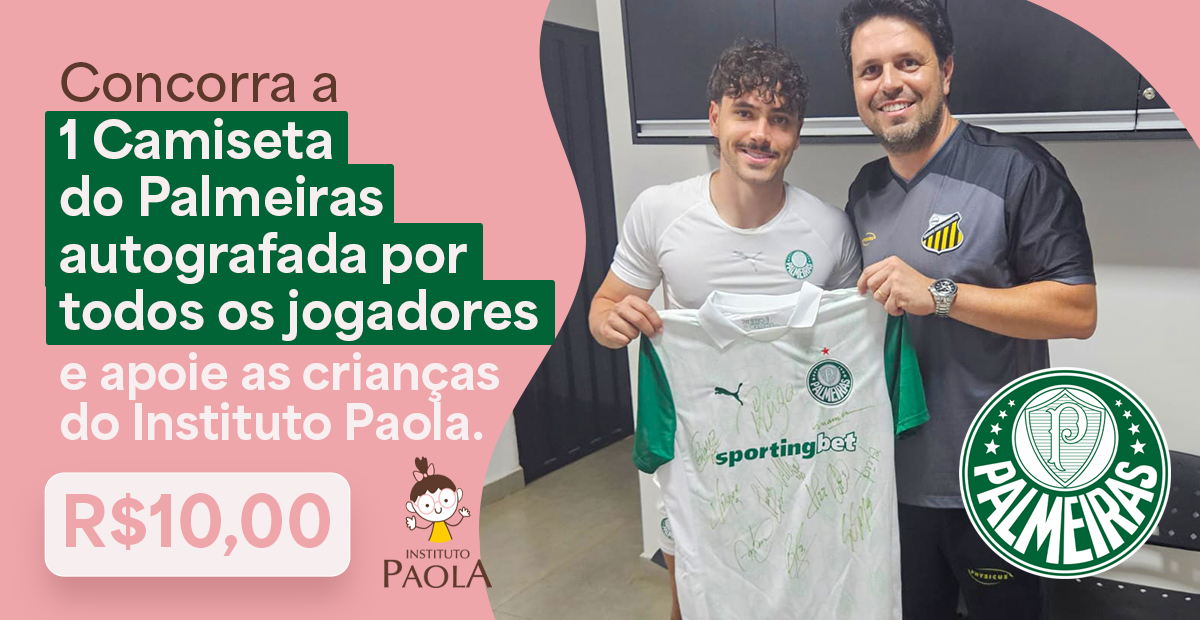 Camiseta oficial do palmeiras autografada por todos os jogadores em prol do instituto paola