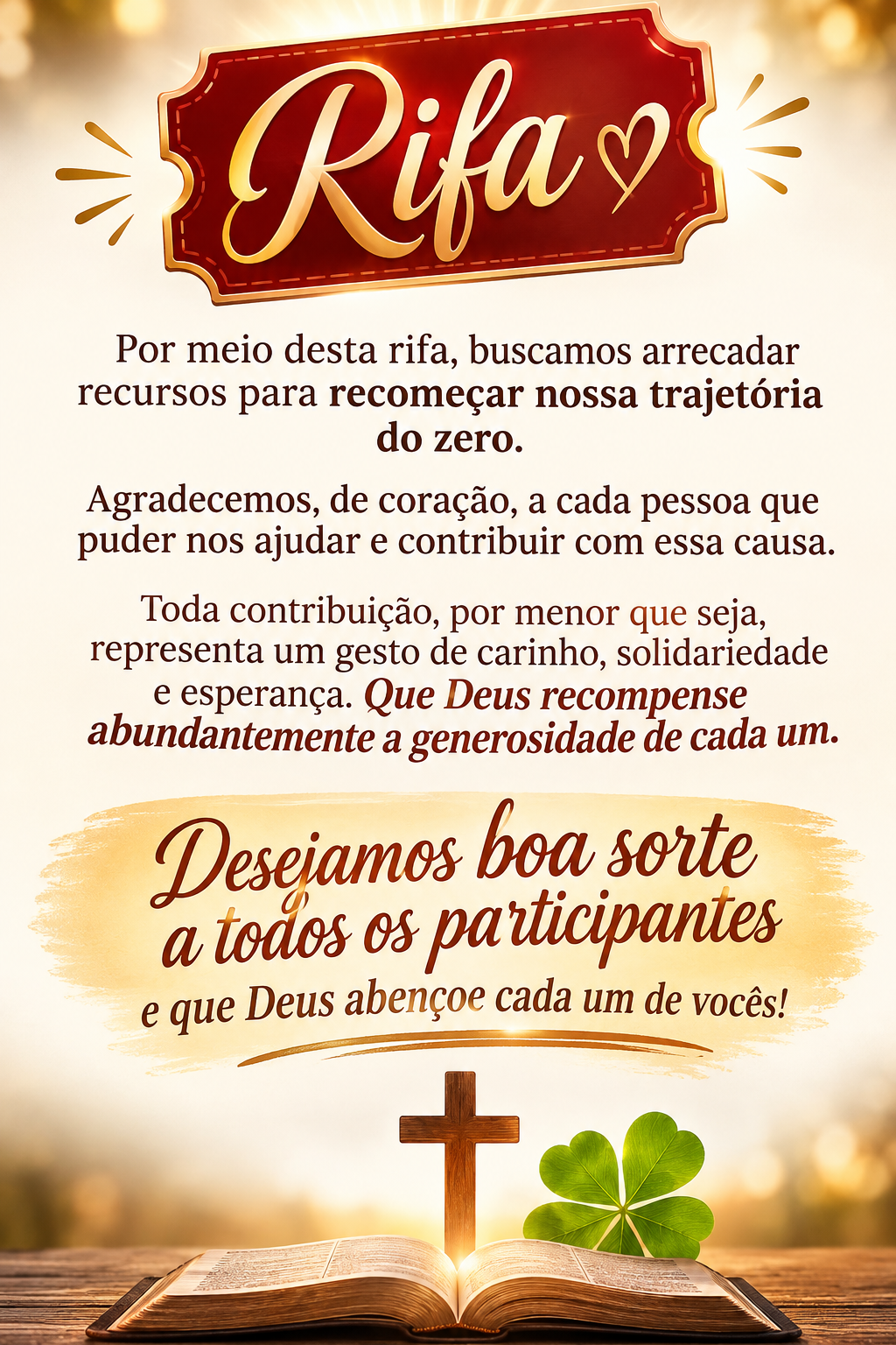 Rifa Solidária em prol de  recursos para recomeçar nossa trajetória do zero